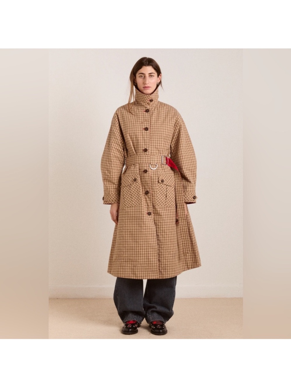 Damson Madder Reversible Red and Tan Check Women's Trench Coat oversized - Picture 3 of 16